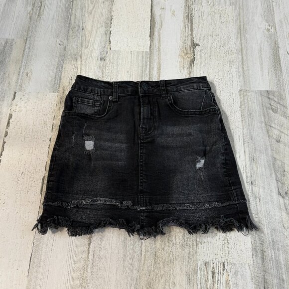 7 for all Mankind Girls Size 12 Frayed Denim Skirt Black Destructed Denim - Picture 1 of 7